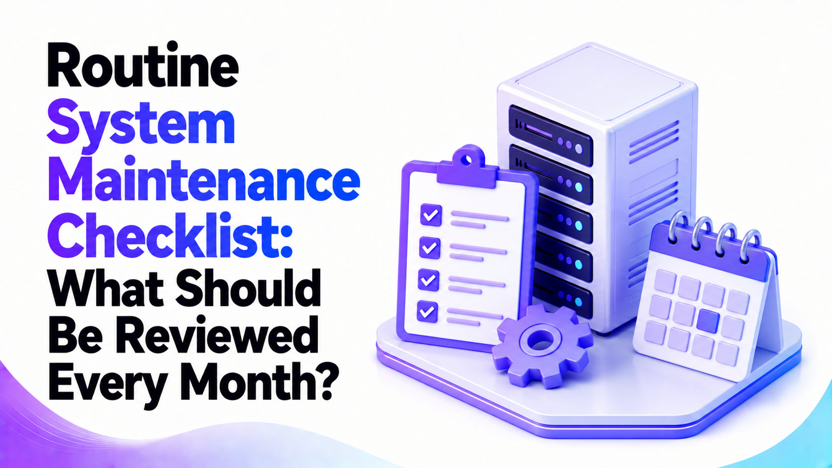 Monthly server maintenance checklist covering updates, backups, performance monitoring, security reviews, and health checks